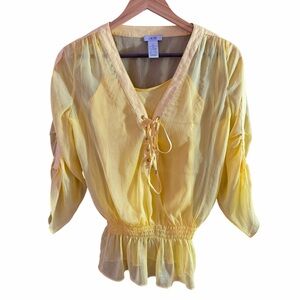 Y2K Cache Butter Yellow Sheer Lace Up Top Size XS
